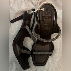 BRUNELLO CUCINELLI Monili Womens Brown Leather Slingback Sandals Heel 37 6.5 NWT